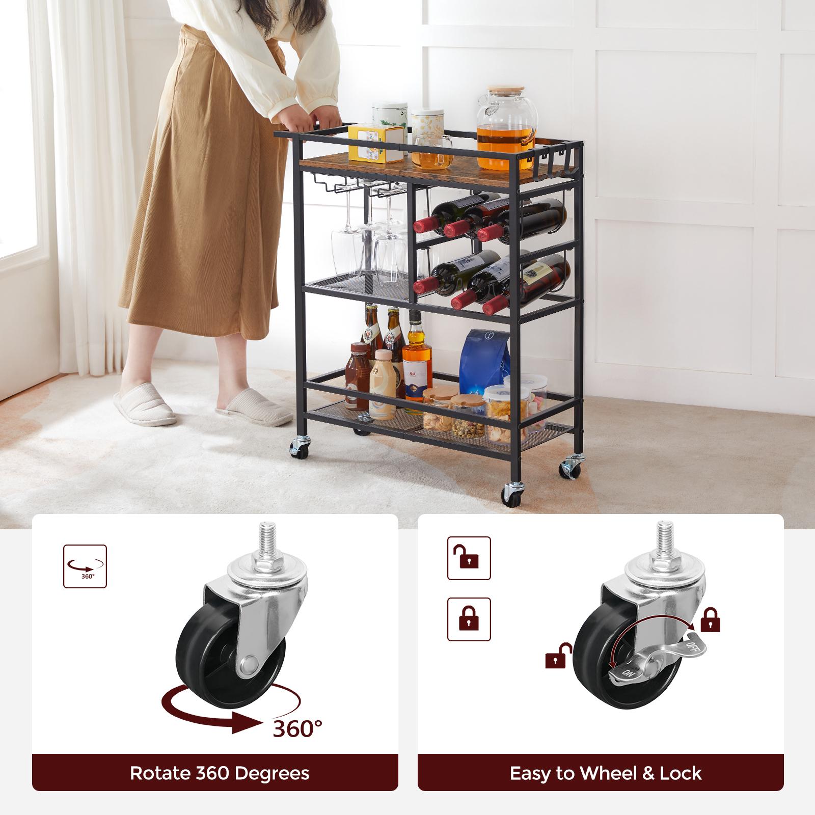 MAHANCRIS 3-Tier Bar Cart, with Wheels and Handle, Beverage Cart with Wine Rack and Glass Holders, for Kitchen, Dining Room, Rustic Brown