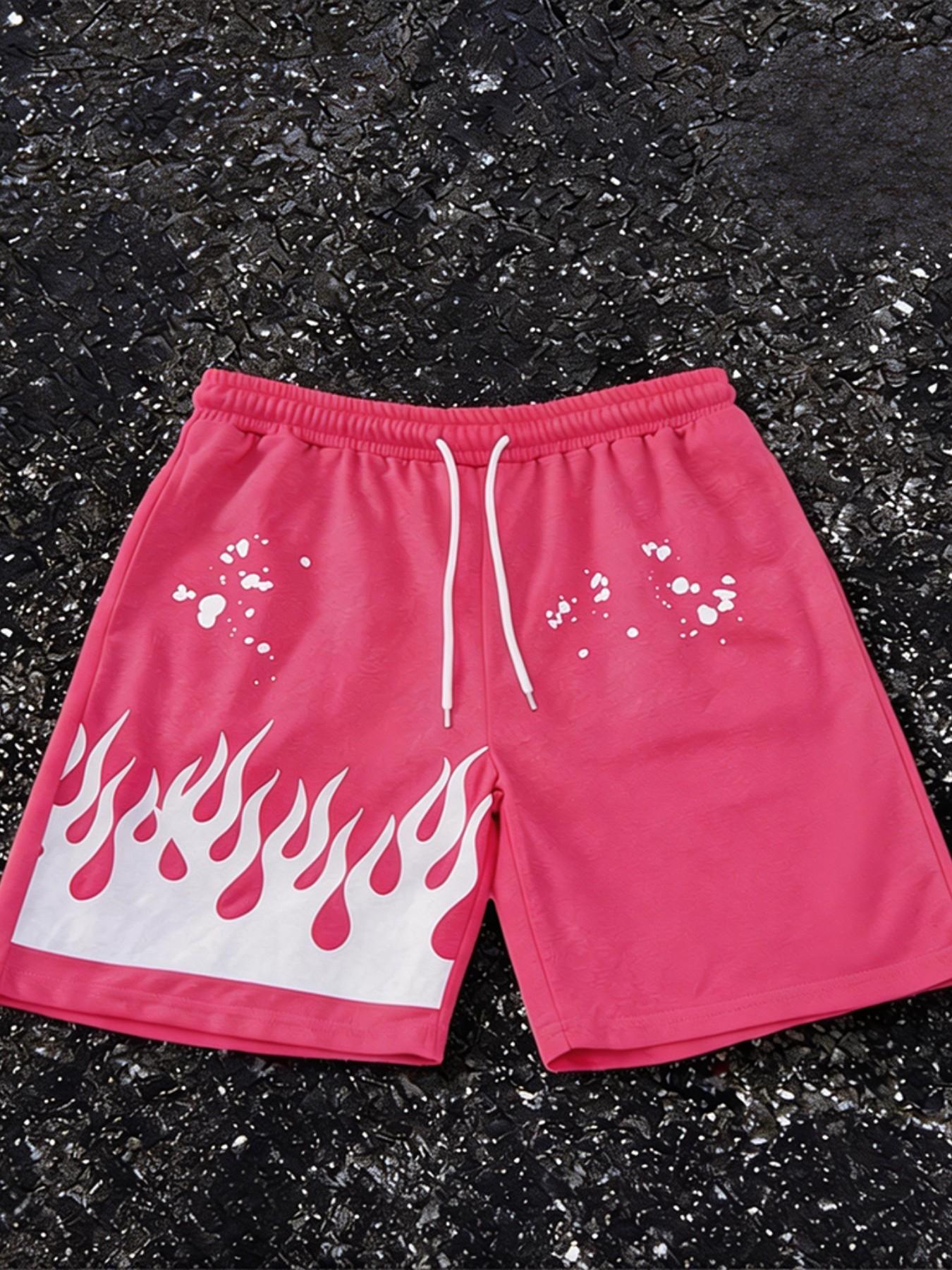 Men's casual shorts, letter flame print - bright pink, white letter flame pattern, elastic waistband, comfortable regular fit, suitable for casual wear, comfortable swim trunks | bright pink swim trunks