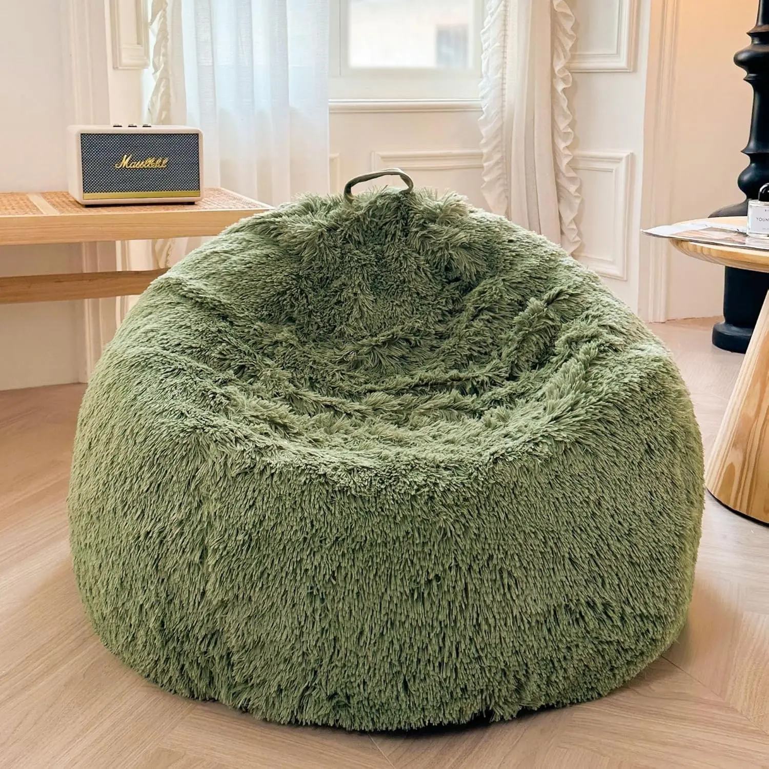 Comfy Bean Bag Cover(No Filler), Fluffy Stuffed Animal Storage Bean Bag Chair Cover for Bedroom Home Decor, Furry Fuzzy Bean Bag Cover for Adults Teens Kids, 100% Polyester, Anti-slip, Sage Green