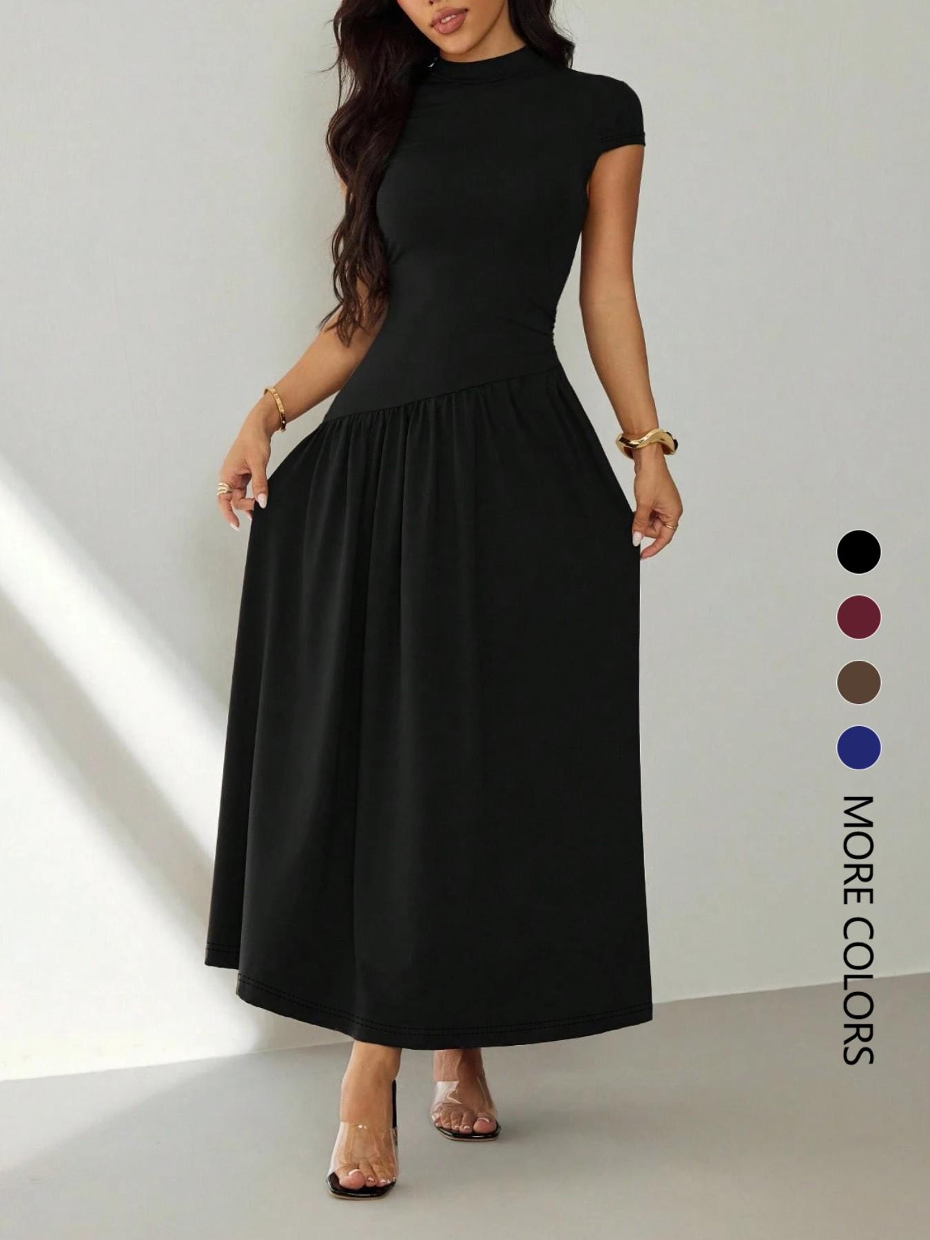 Women's short-sleeved pleated slim-fit solid casual dress, perfect for dates, parties, clubs, and commuting, Womenswear