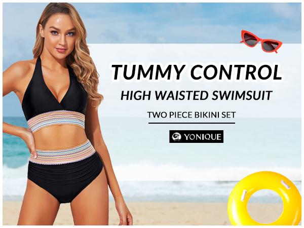 Yonique Women High Waisted Tummy Control Bikini Swimsuit  Halter Bikini Top Push Up Color Block Two Piece Bathing Suit