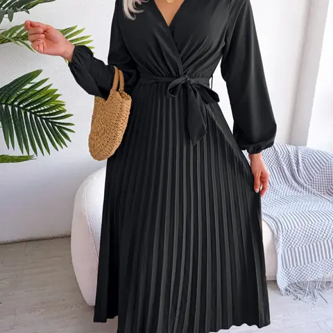 Women's Plain Minimalist Belted Pleated Wrap V Neck A-Line Dress, Elegant Formal Chic Comfort Bishop Sleeve Long Sleeves Long Dress for Spring, Ladies Clothes for Daily Casual Wear, Vacation & Outdoor, Dresses for Women