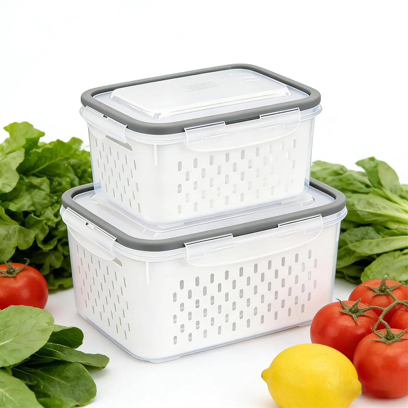 6-Piece Multi-Size Fridge Storage Bins with Removable Colanders, 4-in-1 Lid-Seal Waterproof Containers for Food & Beverage, Fruit Veggie Organization for Camp Kitchen, Outdoor Camping