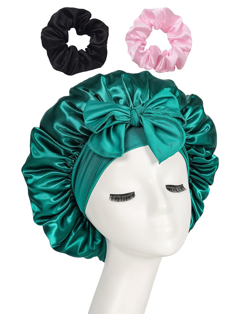 Women's Satin Bonnet with Tie, Soft Breathable Sleep Cap, Fashionable Plain Color, Comfortable Hair Protection Hat + 2 Silk Hair Ties