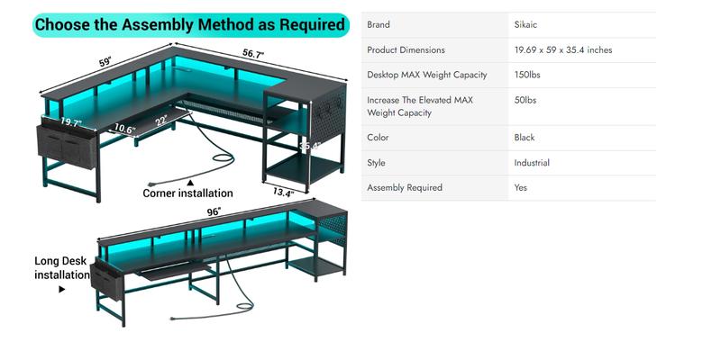 Sikaic L Shaped Reversible LED Gaming Desk with Power Outlets Strip Monitor Shelf Keyboard Tray Pegboard and Storage Shelves