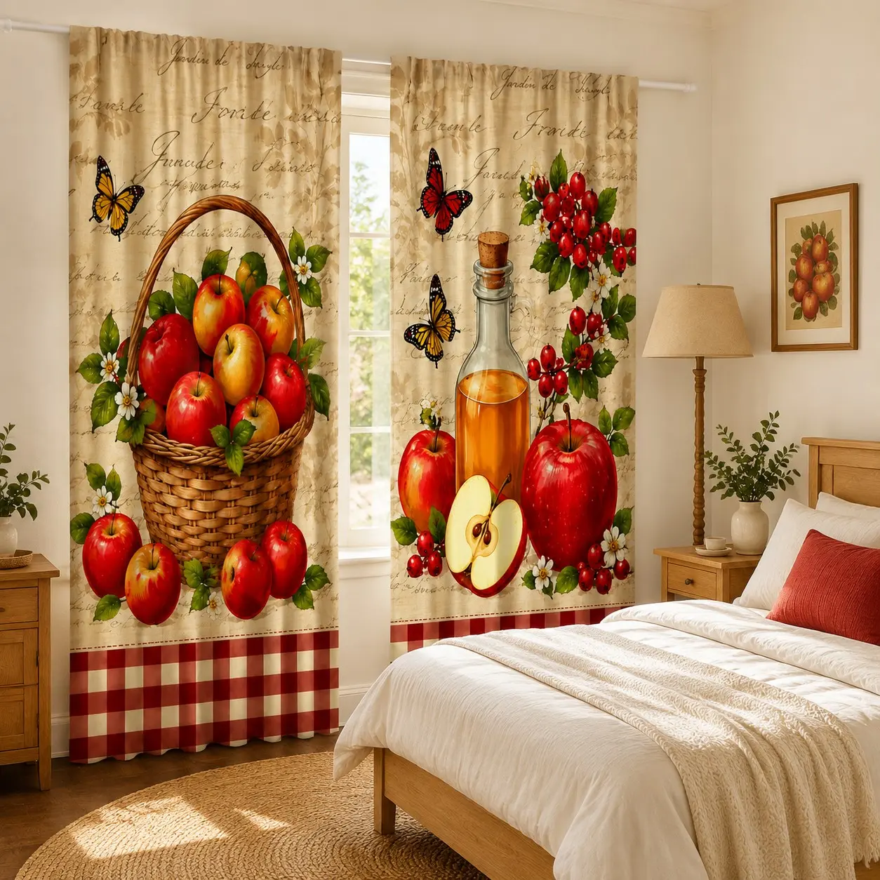2 Piece Vintage Farmhouse Style Fall Curtains, Apple Basket, Wine Bottle, Butterfly Floral Design, Plaid Trim, Bedroom, Living Room Decor