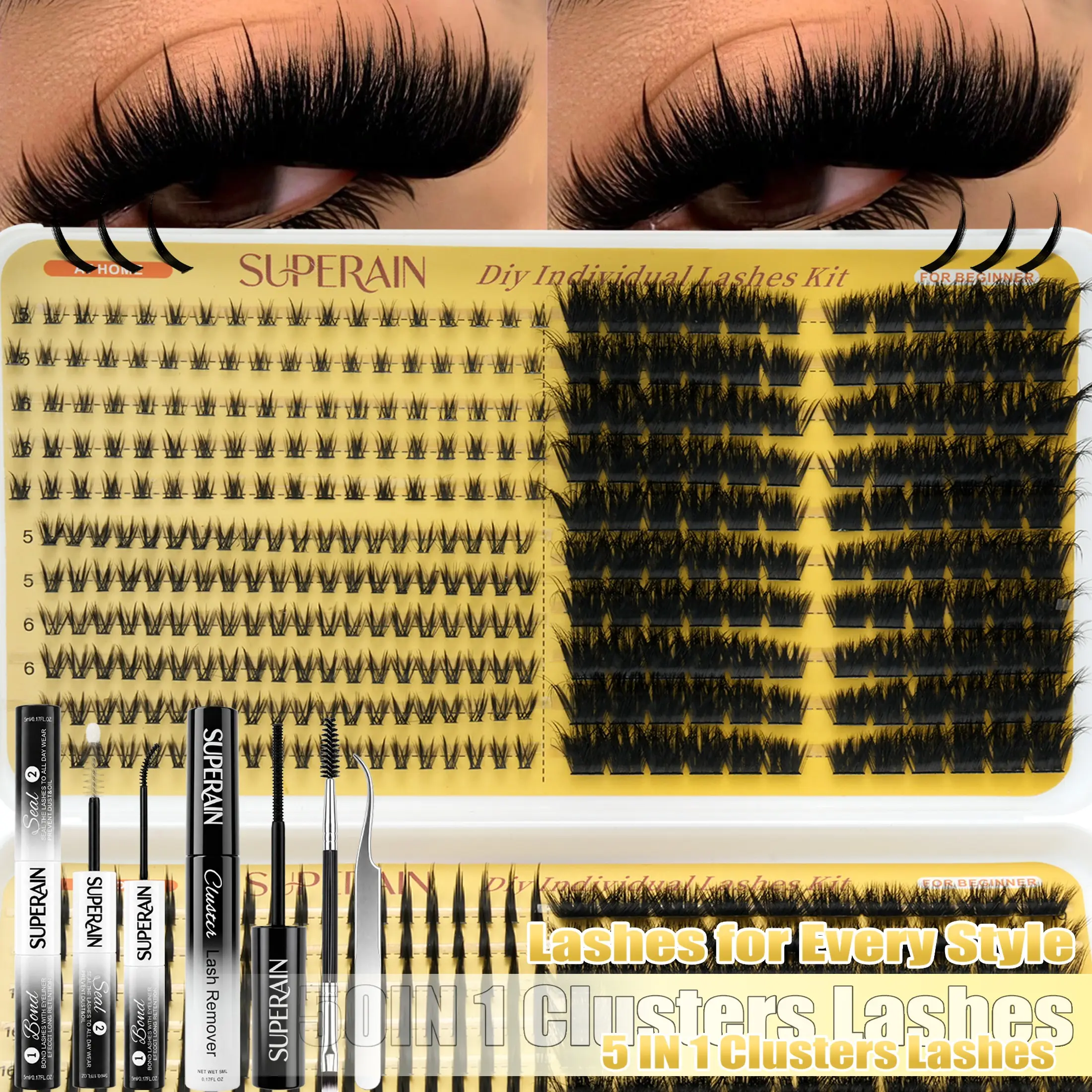 630 Pcs False Lashes Set, Dense Voluminous Top & Fine Bottom Lashes, Large Capacity Lash Book with Glue Tweezers, DIY Party Date Photo Makeup
