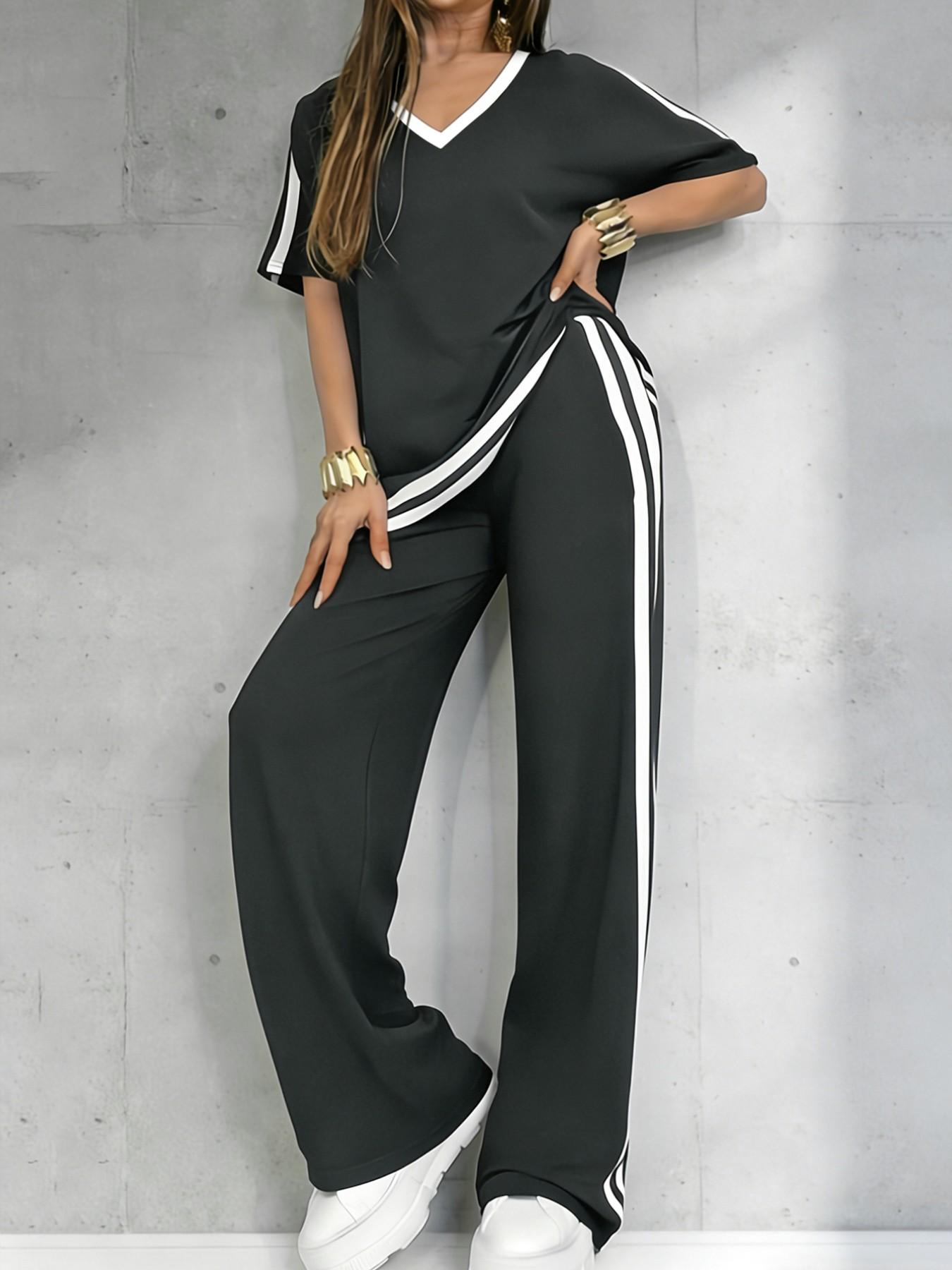 Women's Casual Sportswear Set, Pure Color V-Neck Short Sleeve T-Shirt & Striped Long Pants, Spring Summer Two-Piece