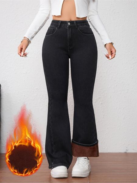 Women's Fleece Lined Thick Denim Flare Pants, Elegant Fall & Winter Fashion, Warm Woven Fabric, Plain Pattern, Versatile Style