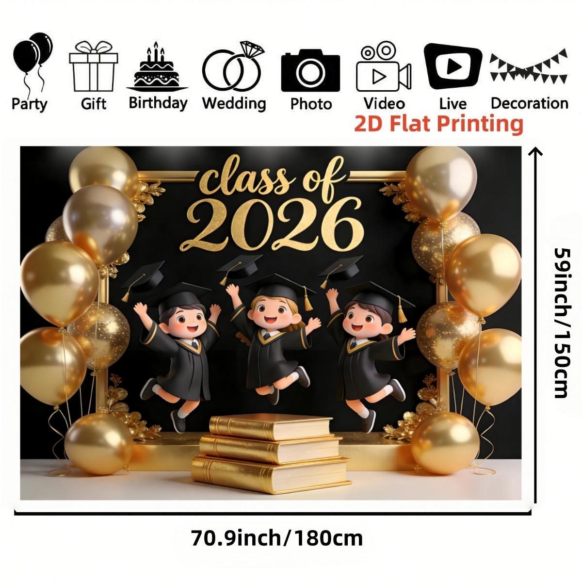 1-pack polyester fiber 2D flat printing 2026 graduation theme background cloth banner + door curtain three-piece set black gold balloon book design suitable for graduation parties, graduation ceremonies, studio shooting, classroom wall decoration