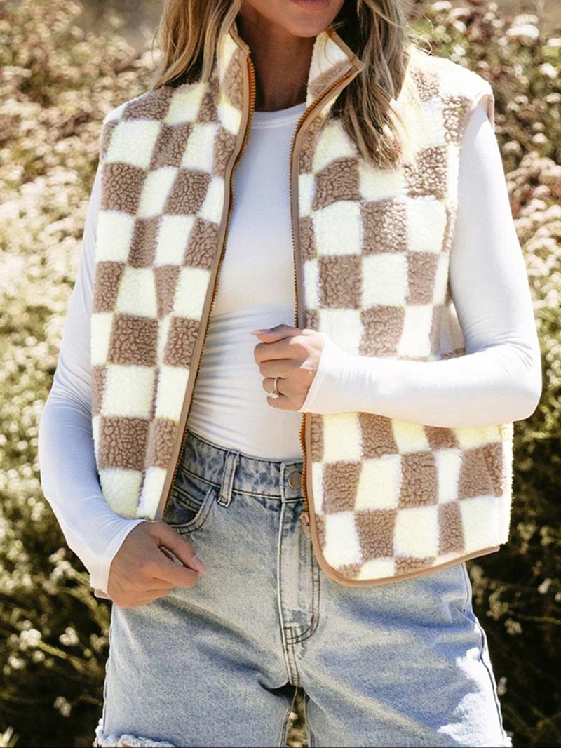 Ins style checkerboard plush vest women's autumn and winter outerwear short style shoulder retro square grid loose vest jacket top