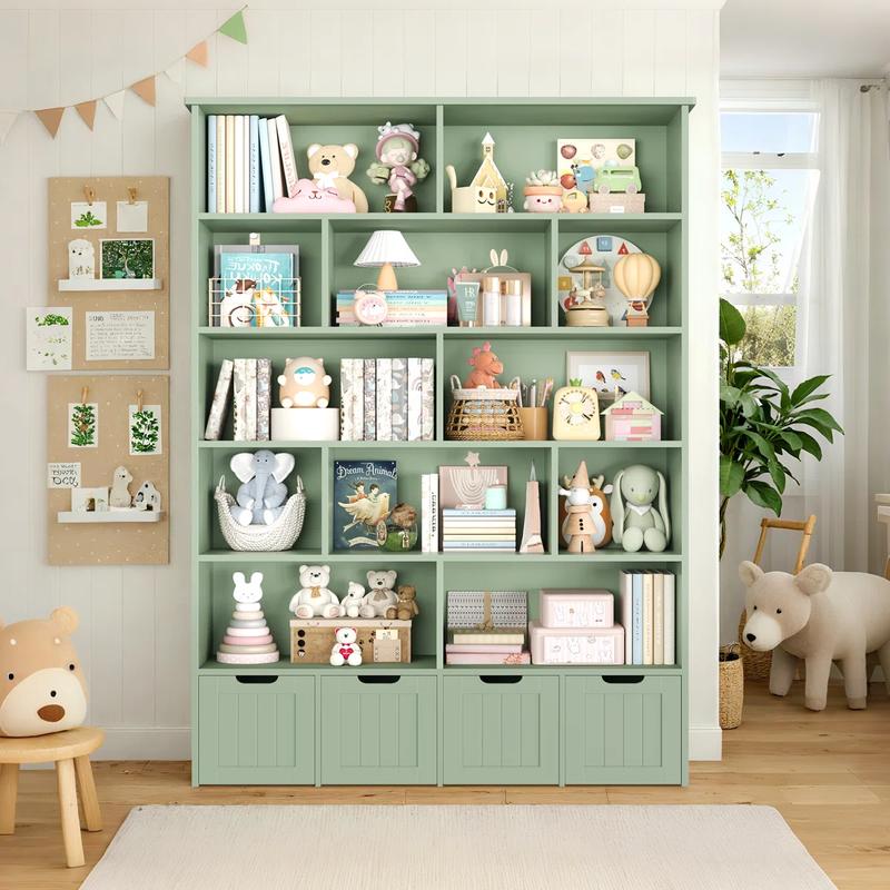 FOTOSOK Bookshelf and Bookcase with 4 Movable Drawers, Toy Organizer with Hidden Wheels and 12 Open Cubbies, Tall Bookshelf Large Open Book Shelf Standing Book Case for Home Office