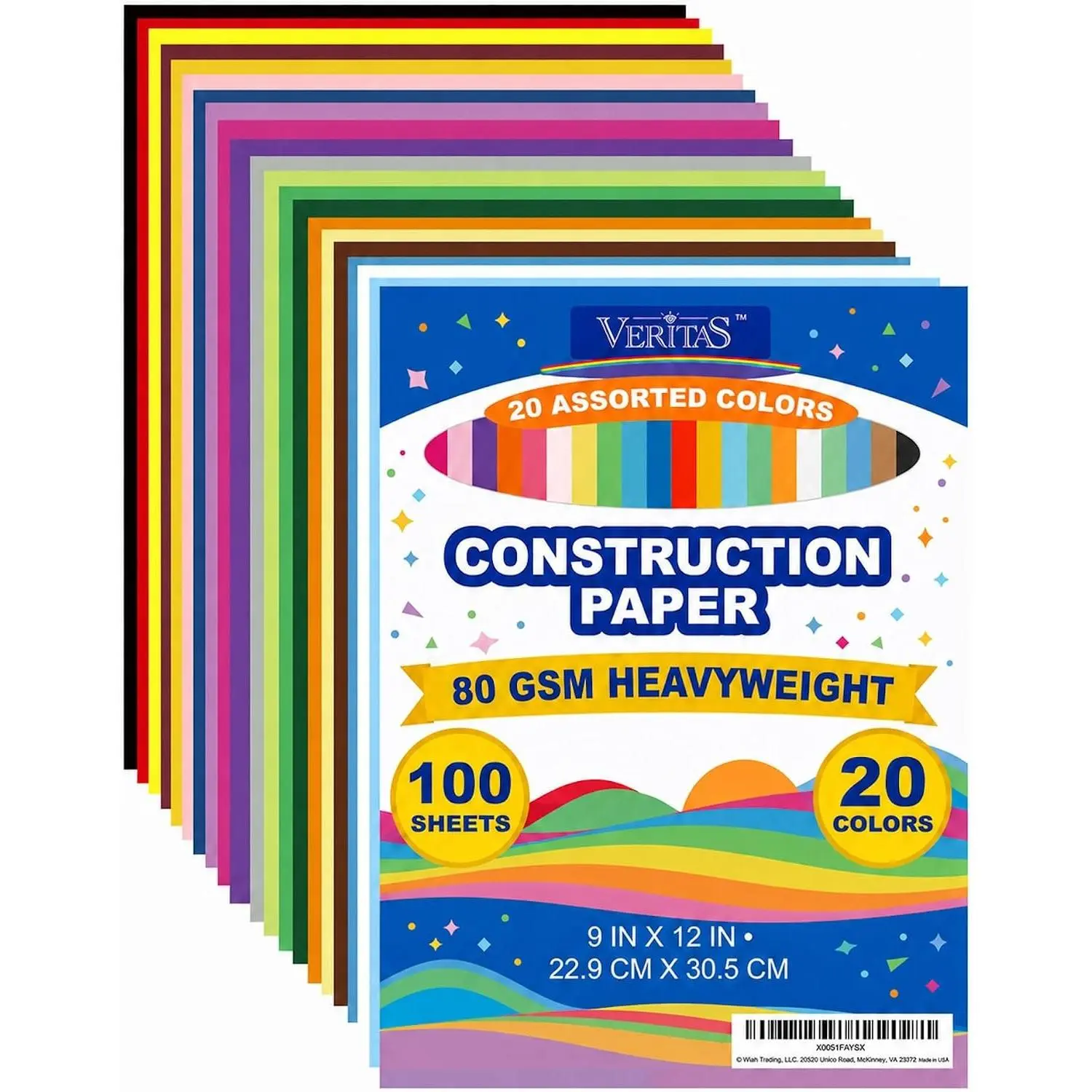 Construction Paper Assorted Colors, 9 x 12 Inch, 100 Sheets, 20 Bright Colors, Colored Craft Paper for Art Projects, Office Supplies, DIY Decorations, Home & Craft Room Use