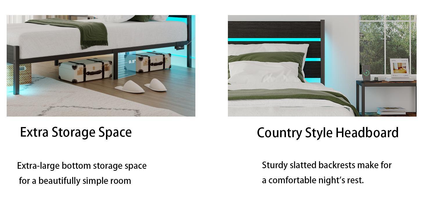 Double/King-Size Bed Frame with LED Lighting, Charging Station, and Wooden Headboard Available in Four Colors USB Ports Easy Assembly Create a Comfortable Sleeping Space Modern No Box Spring Double/King-Size Bed Frame with LED Lighting, Charging Station, and Wooden Headboard Available in Four Colors USB Ports Easy Assembly Create a Comfortable Sleeping Space Modern No Box Spring