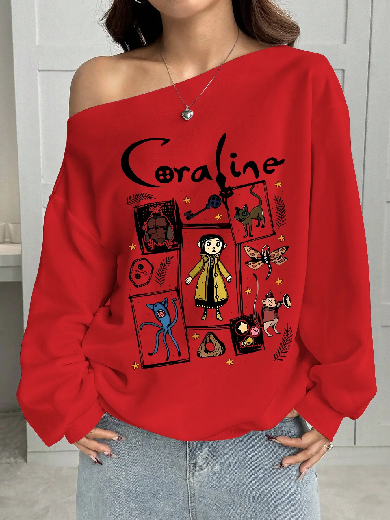 Women's Casual Loose Fit Y2K Style Pullover Top, Coraline Cartoon Print, Shoulder Cut Out Design, Perfect for Parties & Fall Winter Wear