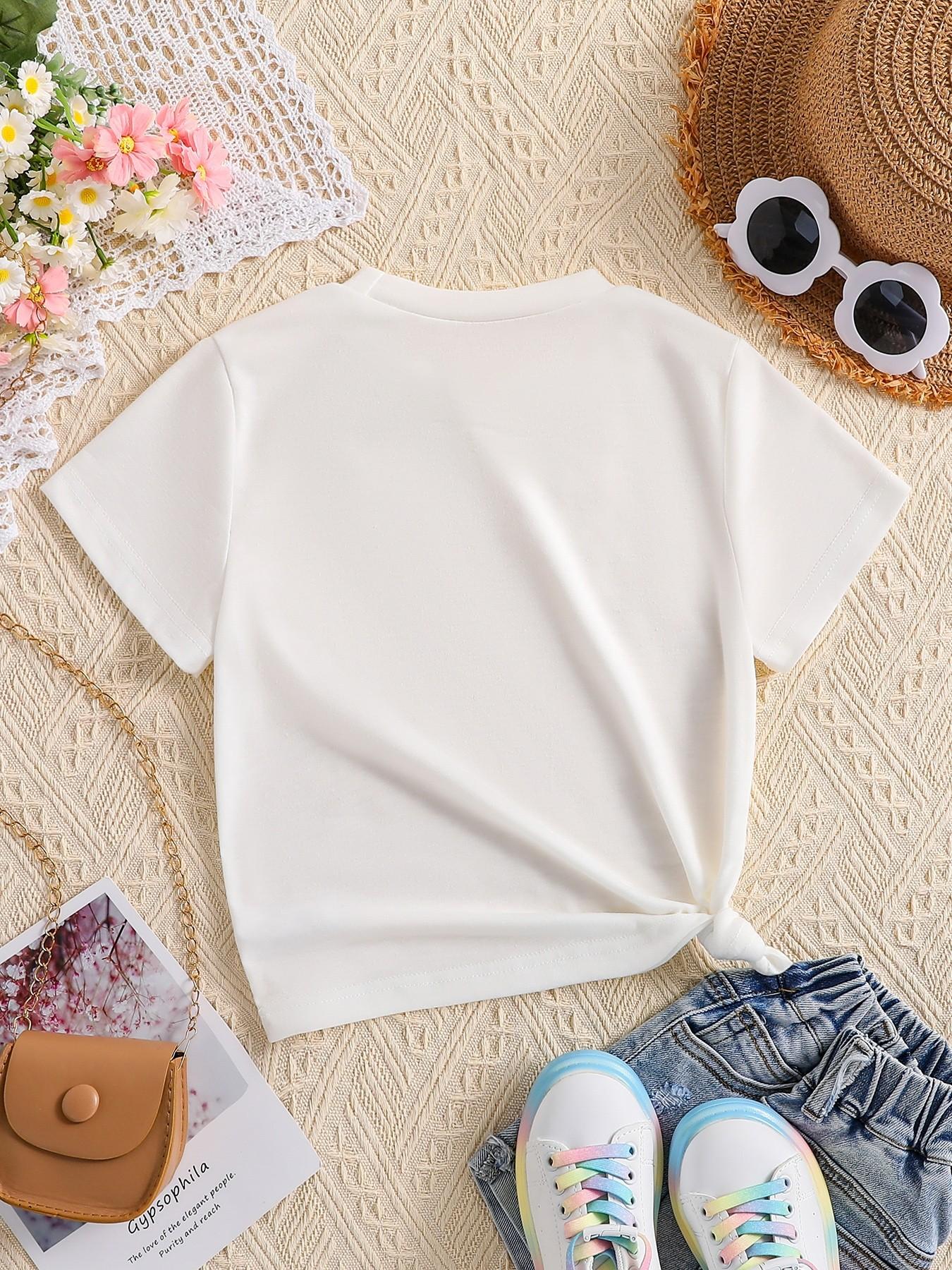 Summer Gym Lover Just a Girl Print Girls Short Sleeve T-Shirt, Cute Cartoon Pattern, Fitted Style, Casual Wear