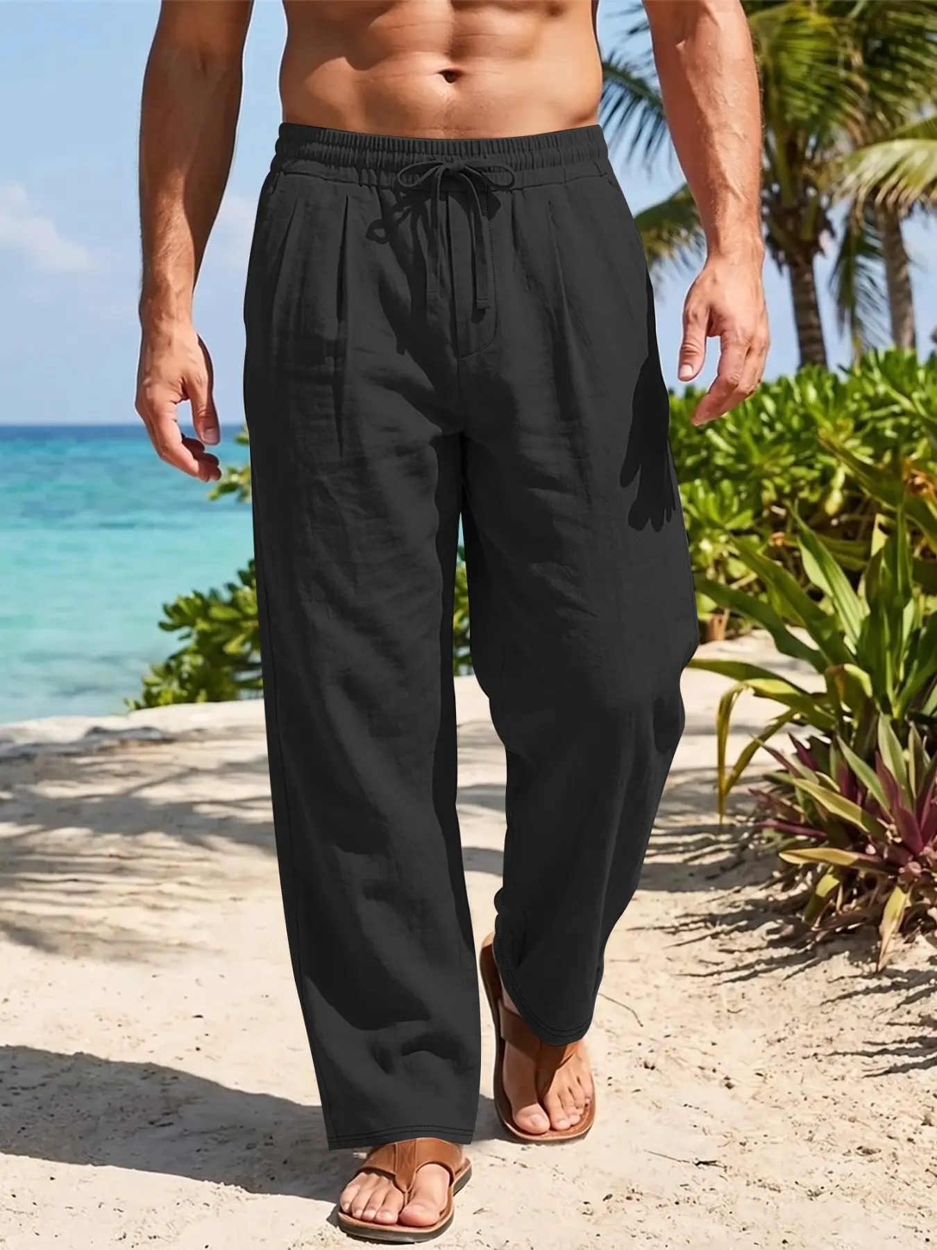 Men's Summer Linen Pants, Elastic Waist Drawstring, Outdoor Fitness Hiking Essential, Versatile Straight Leg Beach Vacation Pants