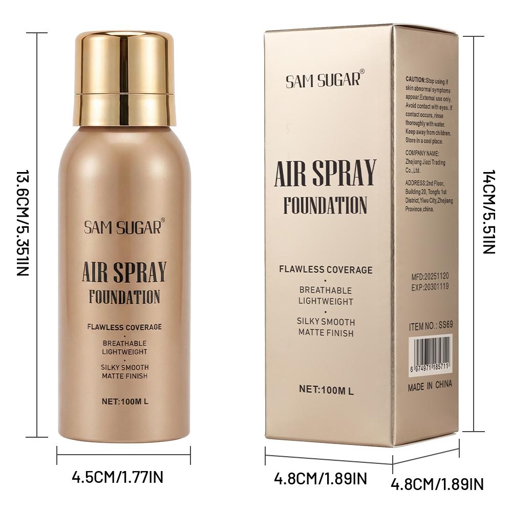 Sam Sugar Spray Foundation Liquid, Waterproof Skin-Friendly Long-Lasting Natural Lightweight Breathable Flawless Coverage Silky Smooth Matte Finish, Makeup Base