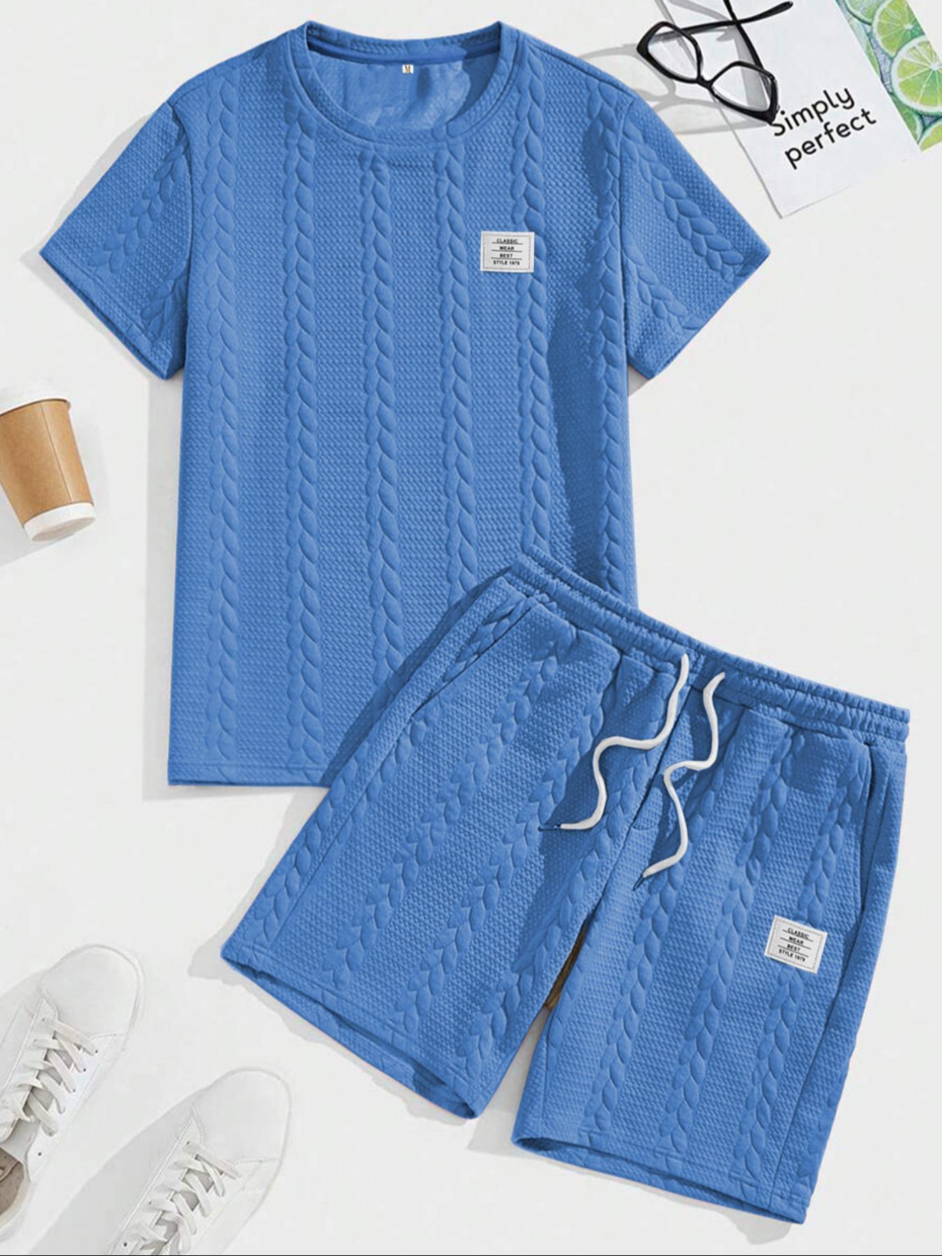 Men's Solid Textured Patched Tee & Drawstring Waist Shorts Set, Regular Fit Casual Round Neck Short Sleeve T-shirt & Pocket Shorts, Men's Summer Clothes