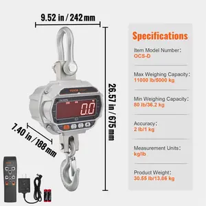VEVOR Digital Crane Scale, 11000 lbs/5000 kg, Industrial Heavy Duty Hanging Scale with Remote Control, Cast Aluminum Case LED Screen, High Precision for Construction, Factory, Farm, Hunting (Silver)