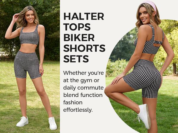 Aoysky Women's 2-Piece Sporty Chic Gingham Gym Set - Padded Open Back Crop Tank Top & High Waist Seamless Sports Shorts, Stretchy Athleisure Suit for Yoga (S-XXL) - Summer, Beach Vacation Outfits, Women's Bathing Suit Set, Workout Equipment
