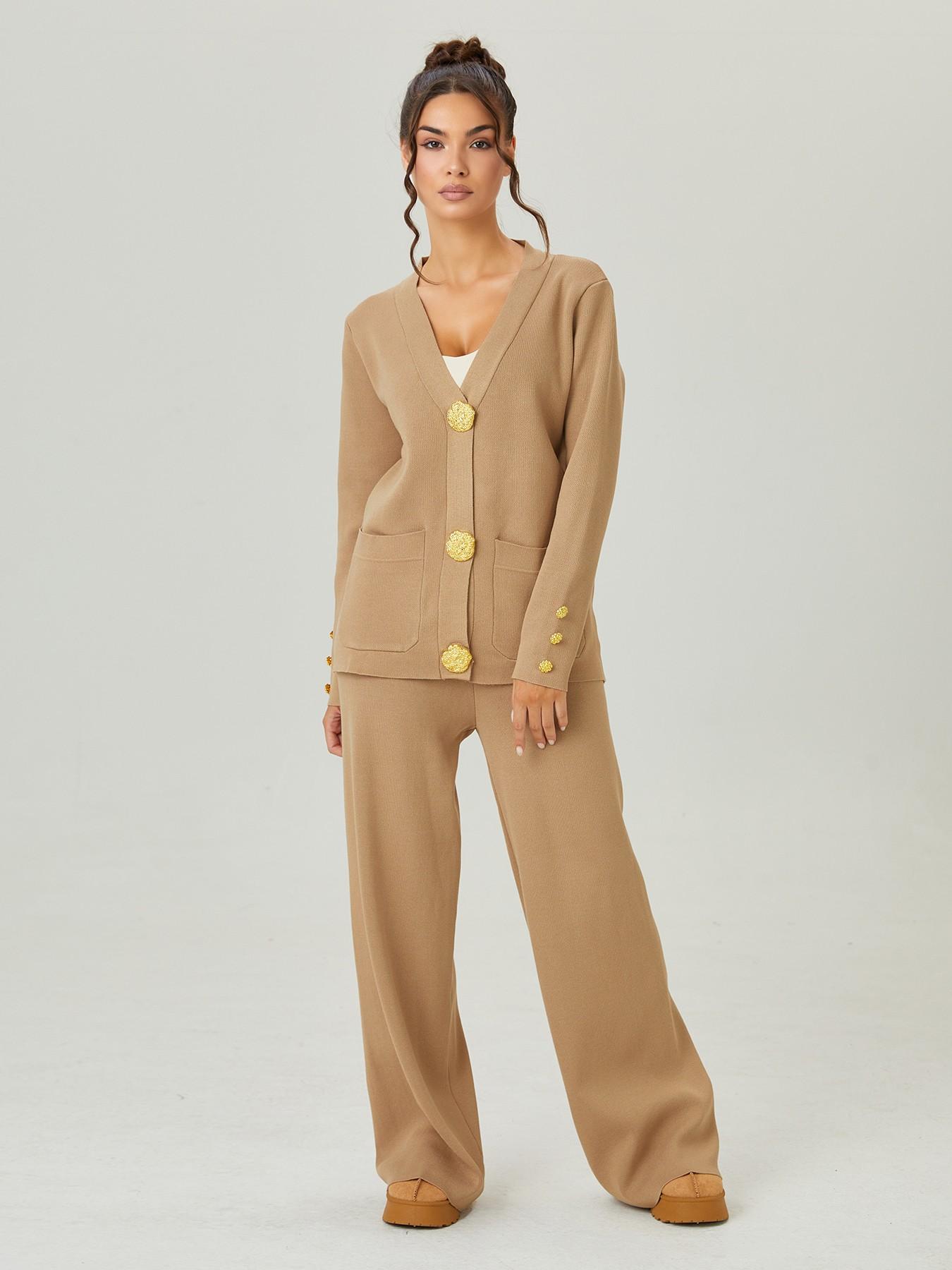 Women's Versatile V-Neck Gold Button Side Pocket Knit Cardigan and High Waist Wide Leg Pants Set, Elegant Two-Piece, Comfortable Women's Clothing#TikTokMadeMeBuyIt #CasualChic#MatchingSet