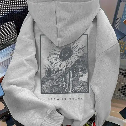 Women's Sunflower Print Hoodie, Casual Loose-Fit Drawstring Pocket Sweatshirt, Fall Winter Fashion, Daily Wear, Ladies Home Clothes