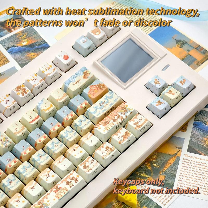 New 120-key Cream Bear Themed Side-Engraved Translucent Keycaps, CHERRY Profile Double-Shot PBT Material, Adopting 5-Side Dye-Sublimation Technology, Wear-Resistant, Anti-Shine, Mechanical Keyboard Keycaps, Gaming Keyboard Keycap