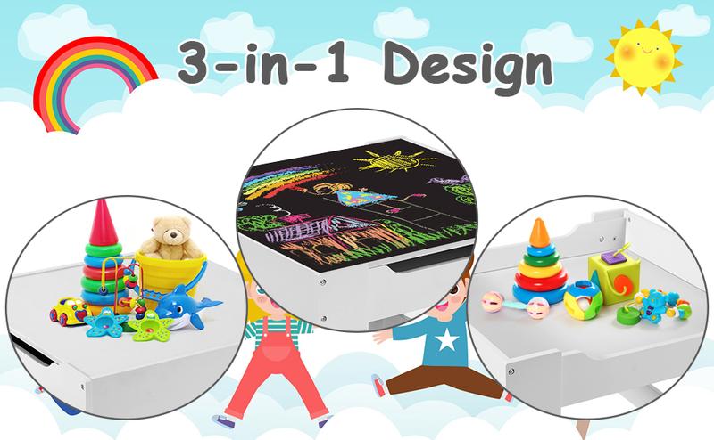 3-Piece Kids Table and Chairs Set, Wood Children Activity Desk Indoor Toddler Play Table and 2 Chairs Set with Storage, for Drawing Reading Crafts, Playroom, Nursery