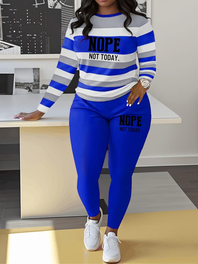 Two-piece Set Women's Striped and Letter Print Tee & Elastic Waist Pants, Casual Long Sleeve Top & Trousers for Spring & Fall, Women's Clothes for Daily Wear, Casual Outfits Women