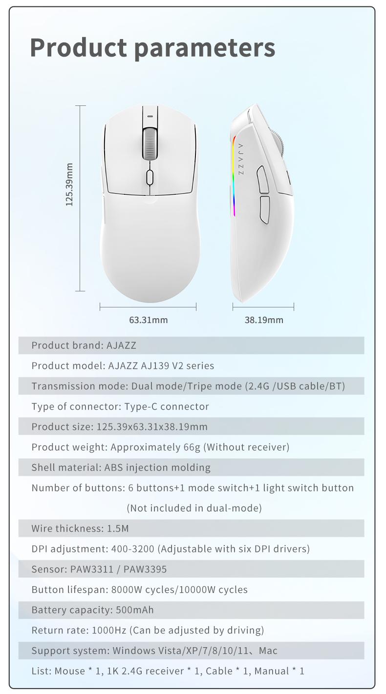 AJAZZ AJ139V2 MC RGB Wireless Mouse PAW3311 sensor low latency three-mode connection wireless charging base suitable for e-sports games and office lightweight 66g 1K return rate 500 mAh battery boys gaming mouse girls gift