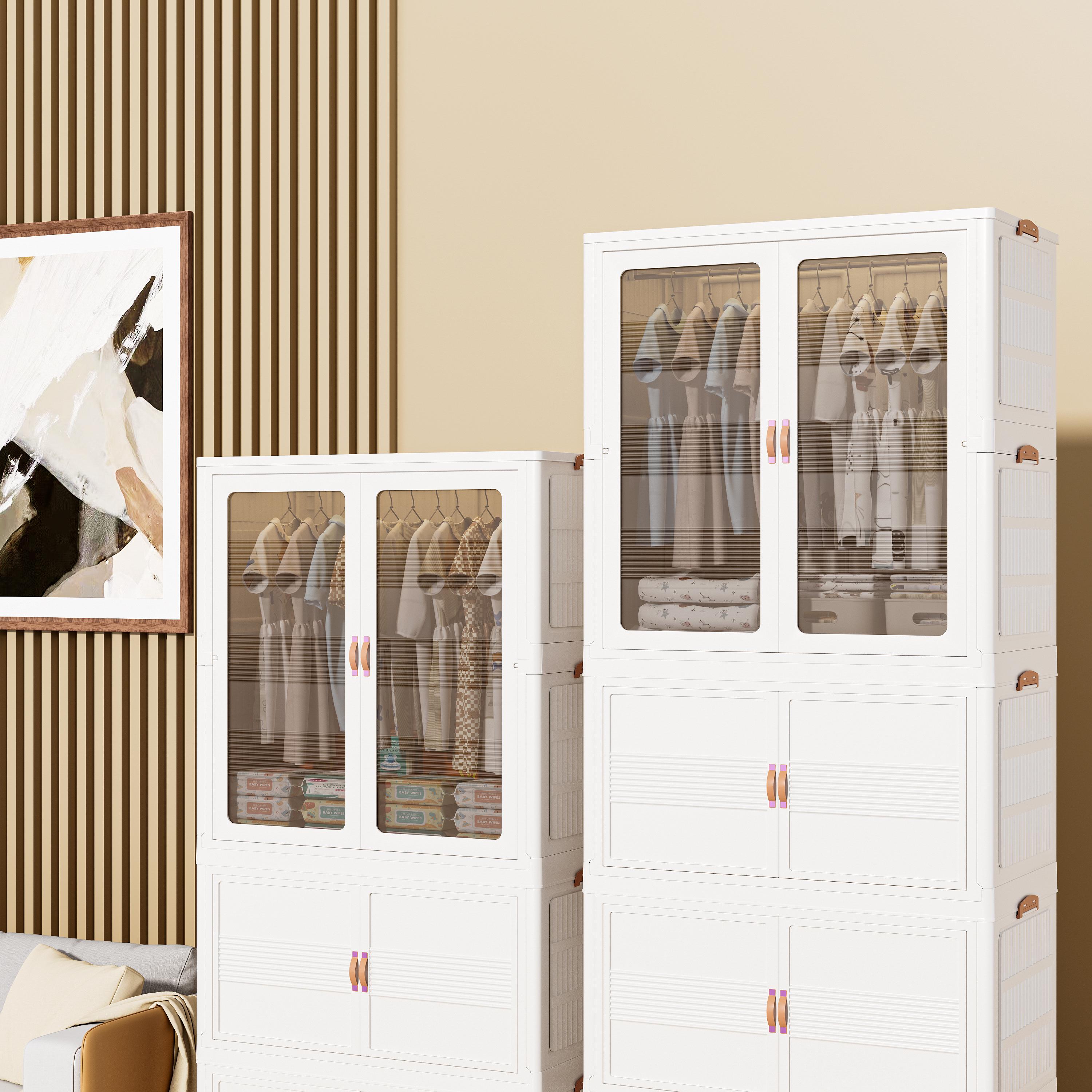 Stackable Storage Bins with Wheels – Folding Storage Cabinet with Magnetic Door, Aesthetic Plastic Organizer for Closet, Bedroom, Dorm & Kitchen