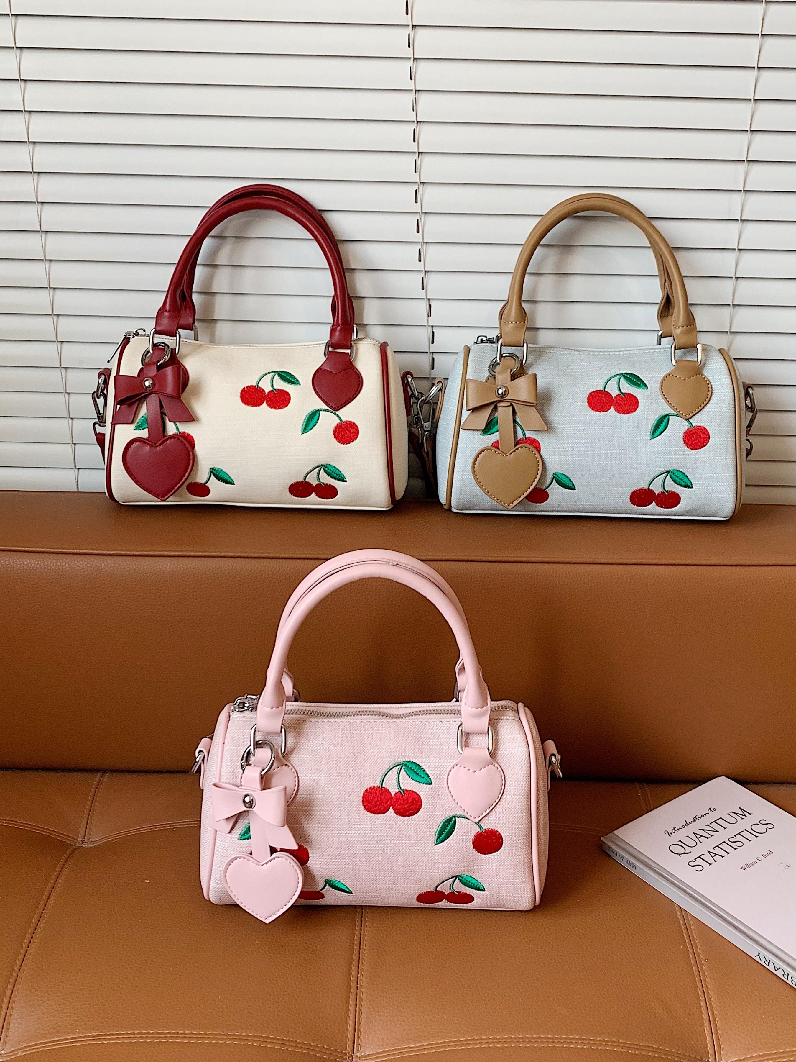 Sweet Cherry Boston Bag for Women, 2026 New Handbag, Cute Pillow Bag, Fashion Commute, Heart Charm, Full Cherry Print, PU Material