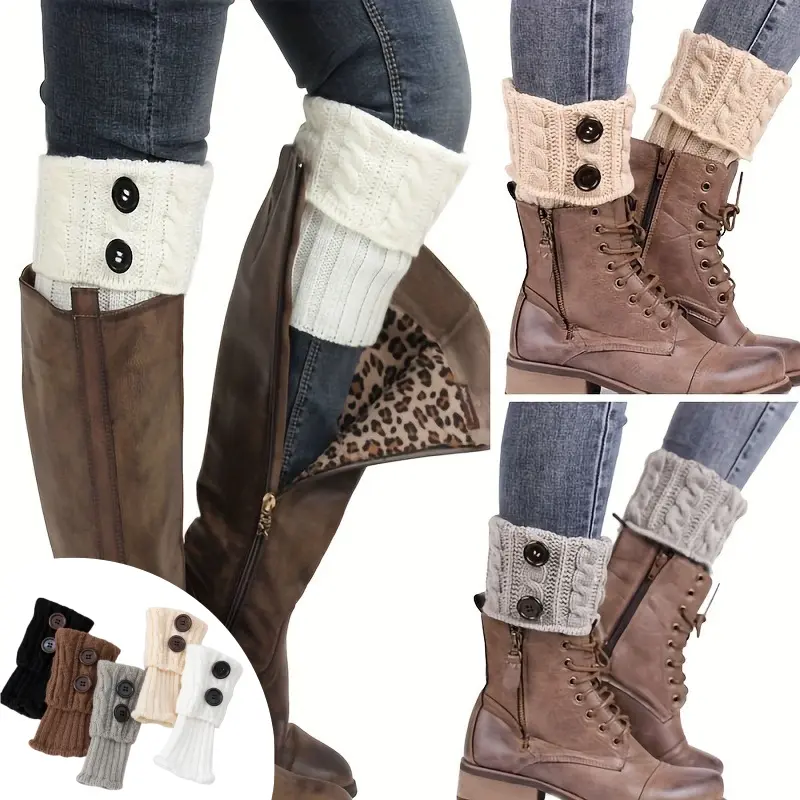 Y2K Women Short Knit Leg Warmers, Cable Knit Button Decor Footless Slouch Sock Cuffs, Versatile Warm Cropped Ankle Sock Covers
