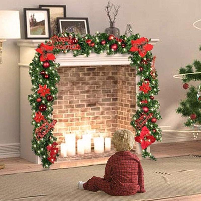 1 artificial Christmas garland light, green vines with red flowers indoor decorative lights, battery-powered LED lights, 2025 new Christmas atmosphere lights, suitable for home stairs, fireplaces, front porch doors, indoor and outdoor Christmas decoration