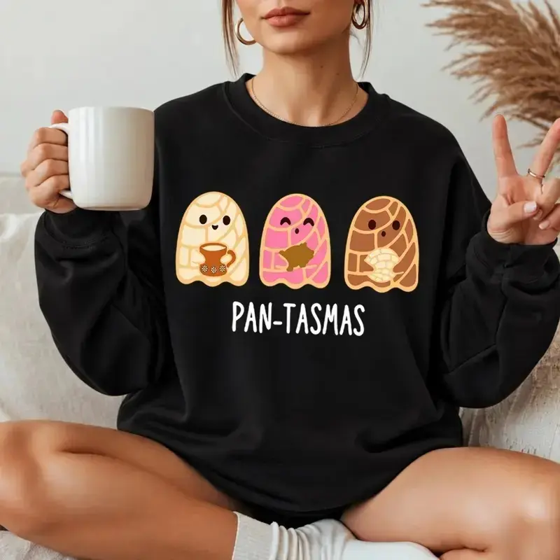 Women’s Pantasmas Ghost Funny Spooky Conchas Mexican Ghost Graphic Sweatshirt, Crewneck Long Sleeve Pullover, Cozy Vintage Fall Top For Spooky Season, Parties, Daily Wear & Holiday Gifts