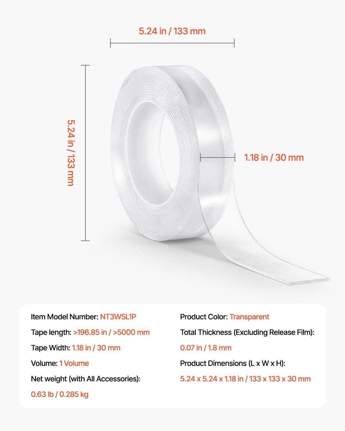 VEVOR Double Sided Tape Heavy Duty, 16 ft Long Nano Mounting Tape, Strong Adhesive & Reusable, Clear Two Sided Wall Tape, Removable Poster Picture Hanging Strips for Home, Office, Car, Outdoor Use