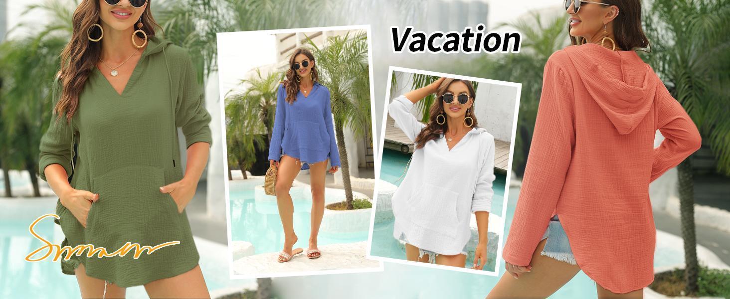 Imily Bela Women's Beach Cover Up hoodies sweatshirt Long Sleeve V Neck Pocketed Hooded Shirt Top Casual Womenswear