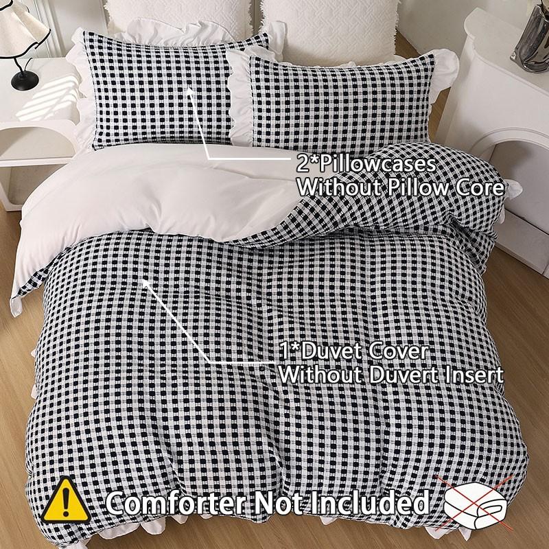 3Pcs Black White Gingham Duvet Cover Set, French Ruffle Vintage Design, Soft Skin-friendly Breathable Cozy, Ideal for Bedroom Dorm Home Decor Daily Use (No Filling, No Pillow Inserts)