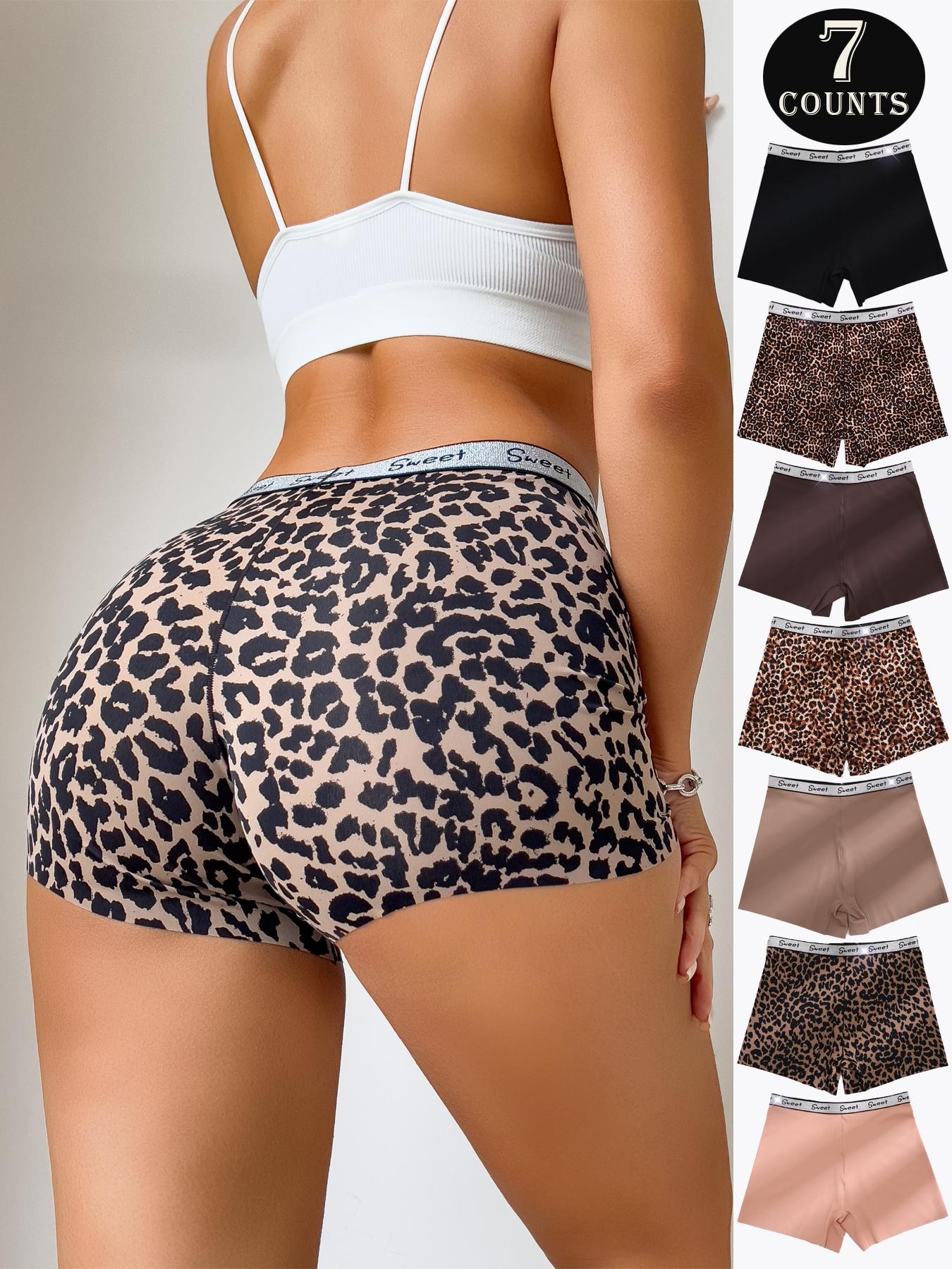 Women's Leopard & Plain Print Contrast Letter Tape High Waisted Boxer Brief, Soft Comfy Breathable Panty for Daily Wear, Underwear for All Seasons