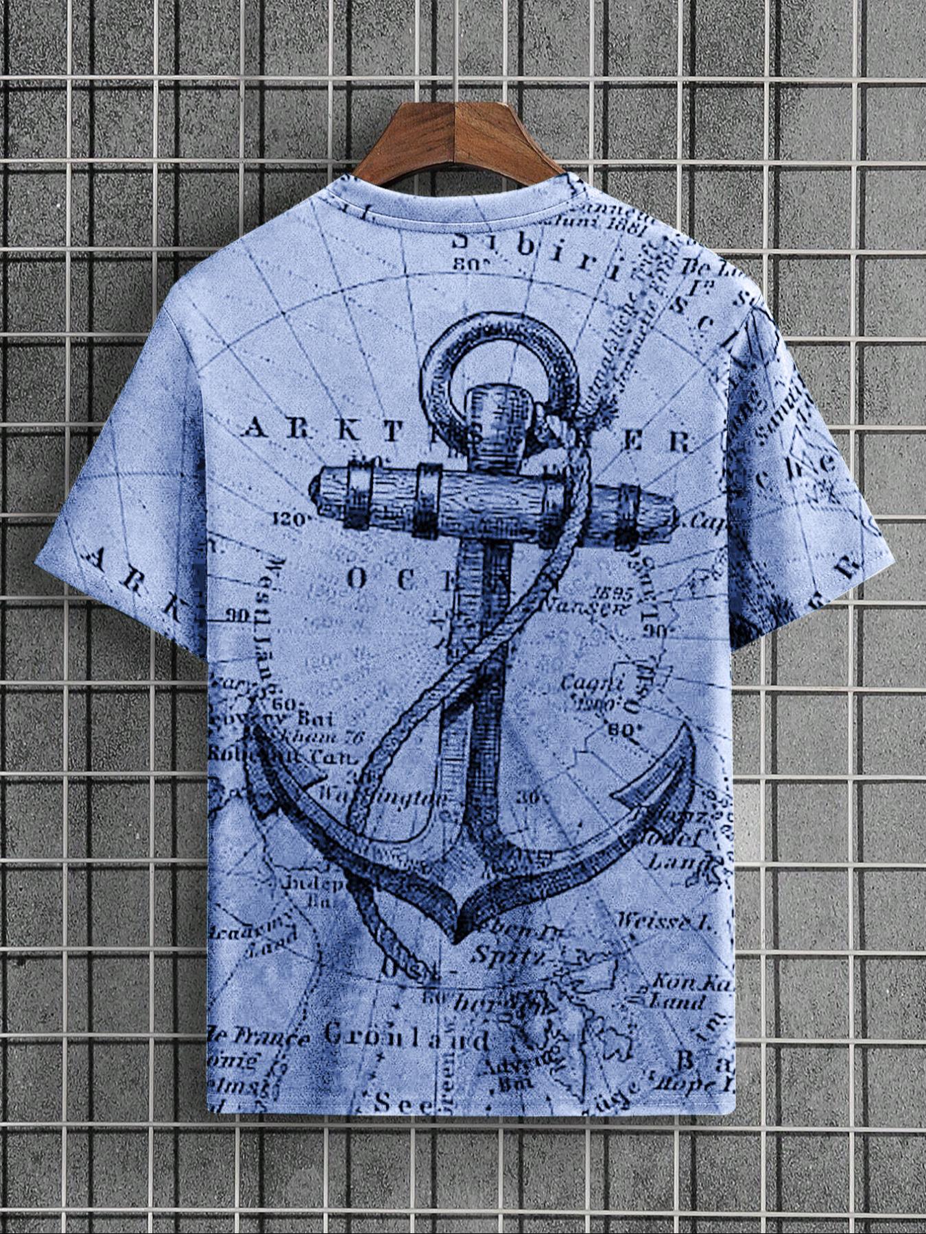 Men's Letter & Anchor Print Round Neck Tee, Summer Clothes Casual Regular Fit Short Sleeve T-Shirt for Summer, Mens Clothes for Daily Wear