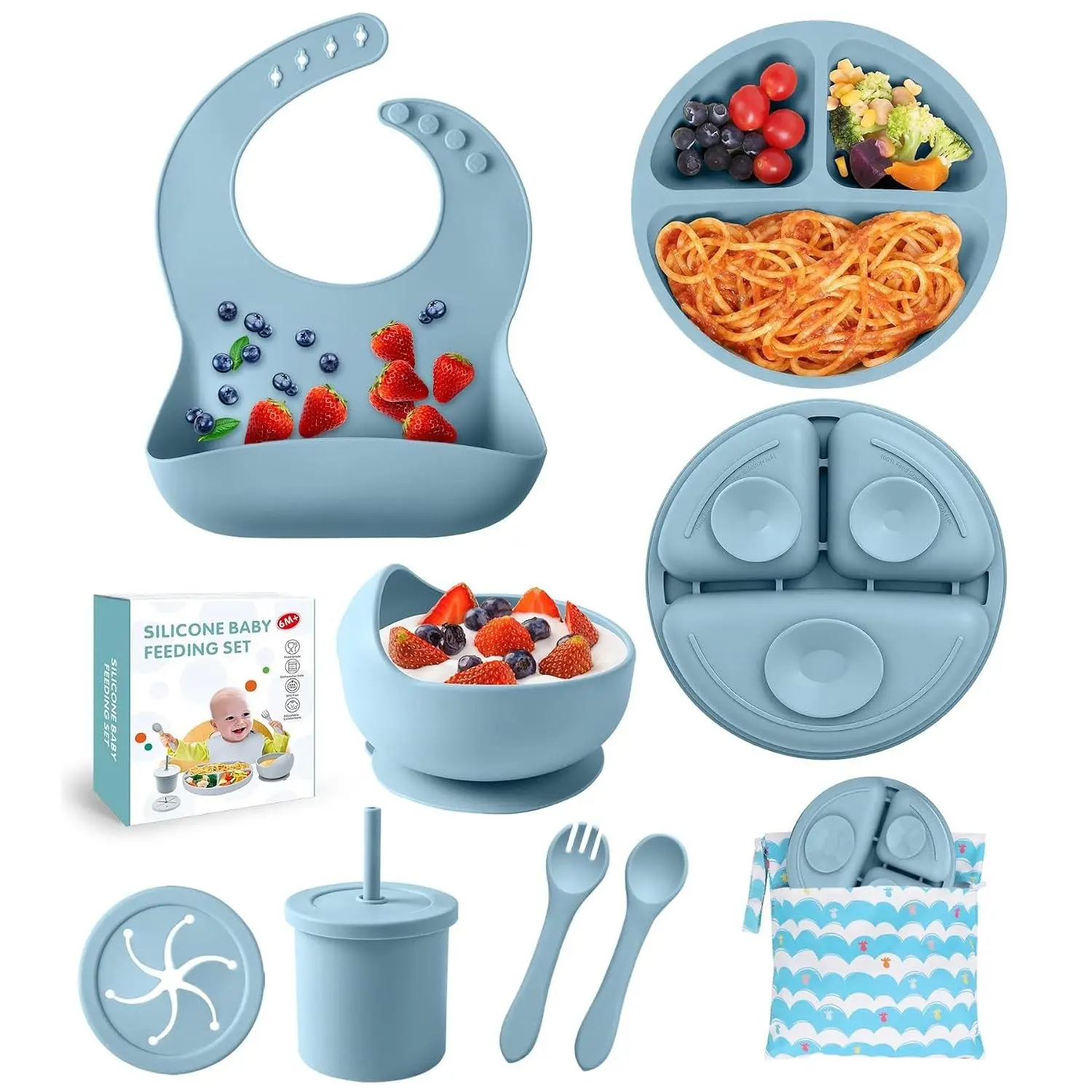10-Piece Silicone Baby Feeding Set, Baby Led Weaning Supplies with Suction Bowl, Divided Plate, Adjustable Bib, Soft Spoon and Fork, Cup with Lid, Drinking Cup, Travel Bag (Blue)(Gift)
