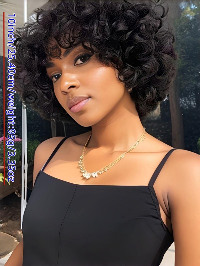 Women's Short Curly Bob Wig, 8-Inch Chicken Rolls Human Hair Elf with Bangs, Full Machine Made, 180% Density, Natural Loose Waves