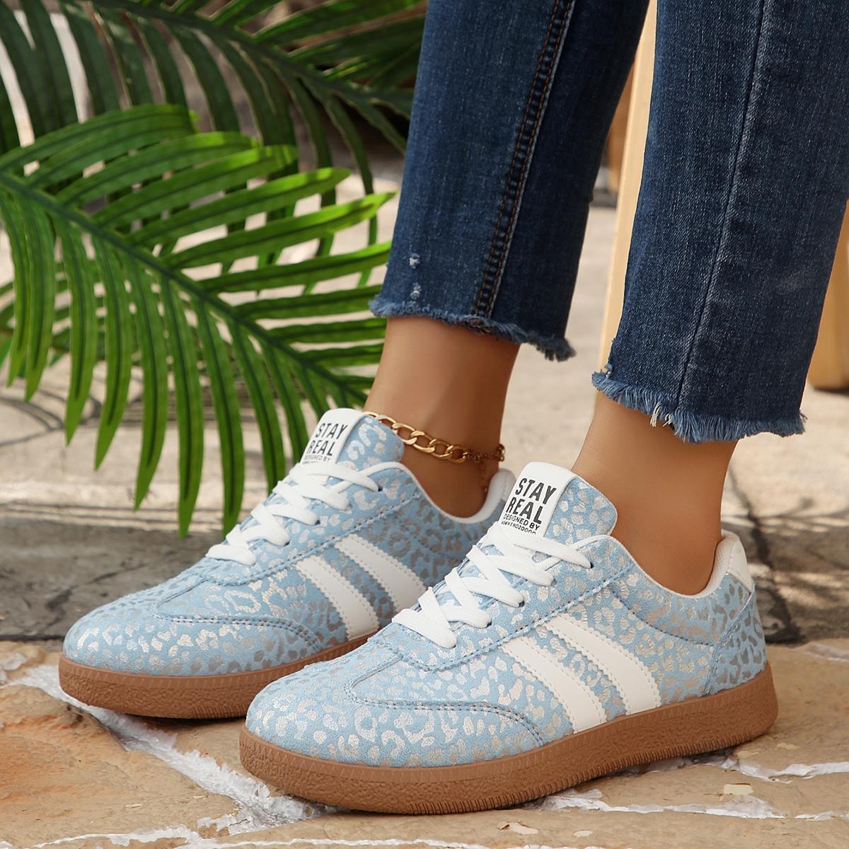 Vintage Leopard Print Sneakers, Pink/Blue, Comfortable Shoes for Commute & Shopping