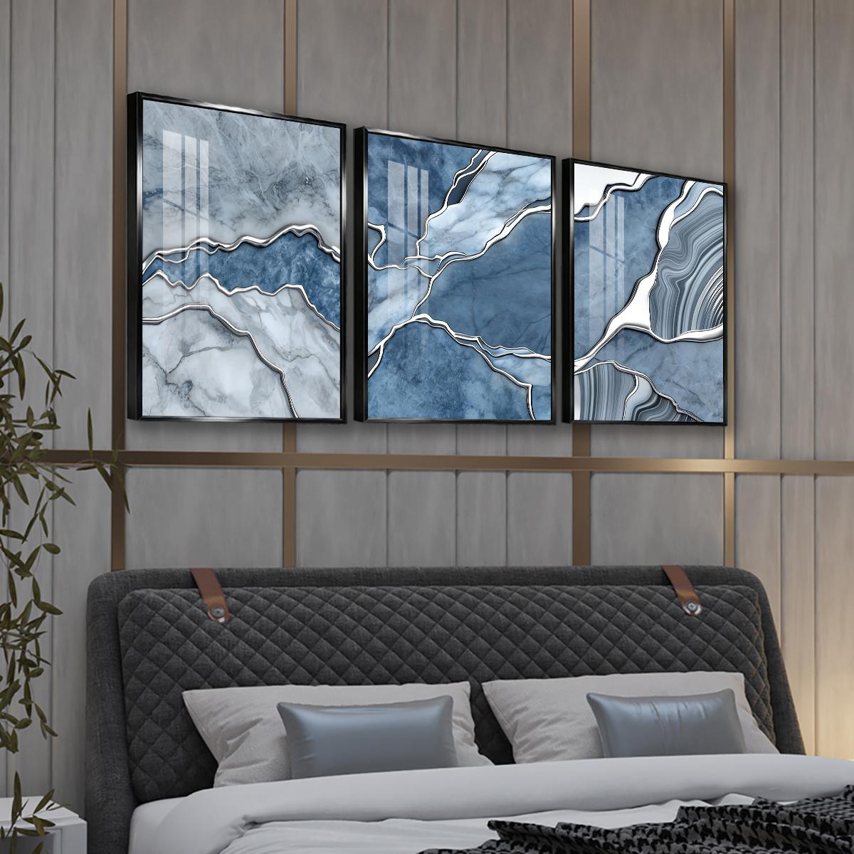 3 Counts Aluminum Alloy Framed Painting, Abstract Blue Marble Texture Art Pictures, Home Decoration For Living Room, Bedroom, Office, Restaurant, Hallway Wall Decor, Odorless Print Artwork, Luxury Perfect Gift For Friends And Family