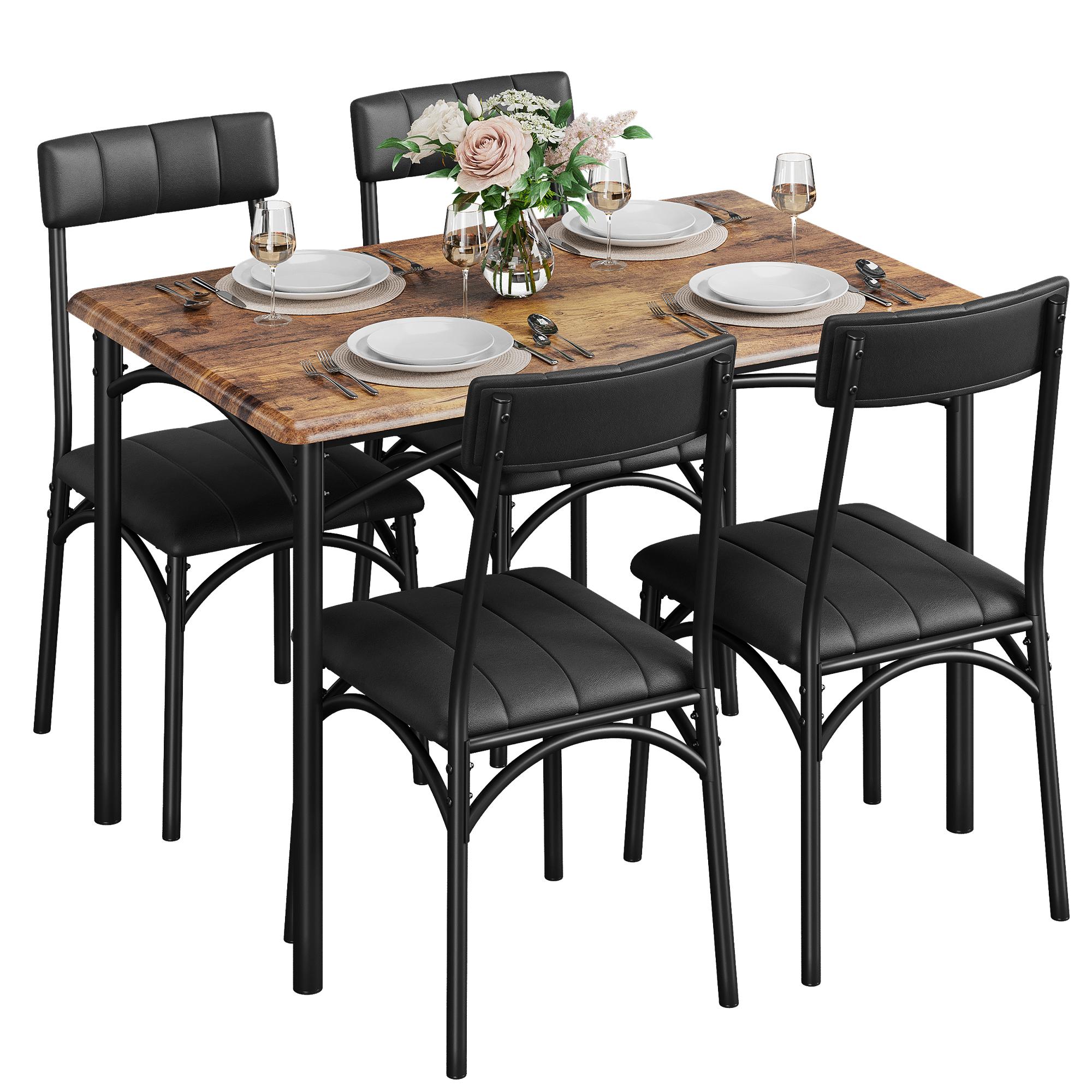 Kitchen Table Set with Chairs, Dining Table Set for 4, Metal and Wood Rectangular Dining Room Table Set with 4 Upholstered Chairs, 5 Piece Dining Set for Small Space, Apartment