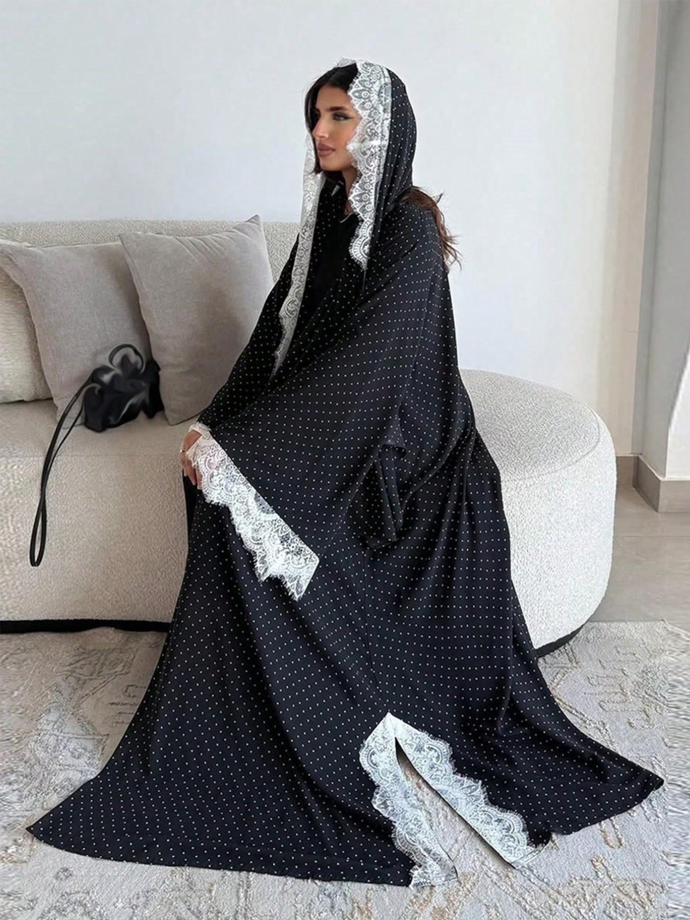 Hafizah Polka Dot Lace Trim Long Cardigan Scarf Set, Loose-Fitting Casual Outerwear for Women, All-Season Plain Design
