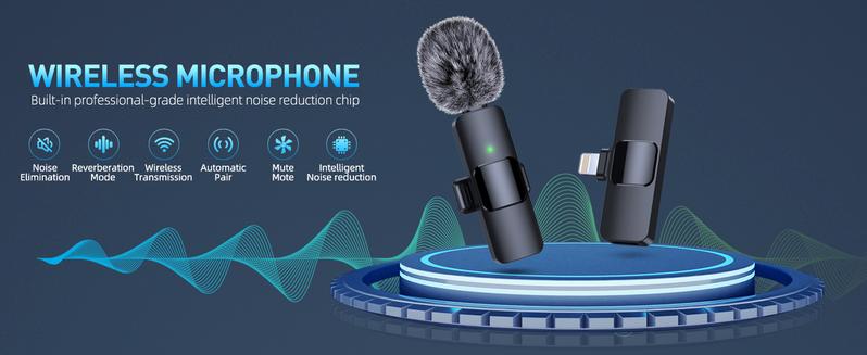 2 Pack Lavalier Wireless Microphone for iPhone Smartphone  iPad, Wireless Lapel Microphone with Clear Audio for Recording, Wireless Microphone for Video Recording, Game Live Streaming, Interviews, Vlog