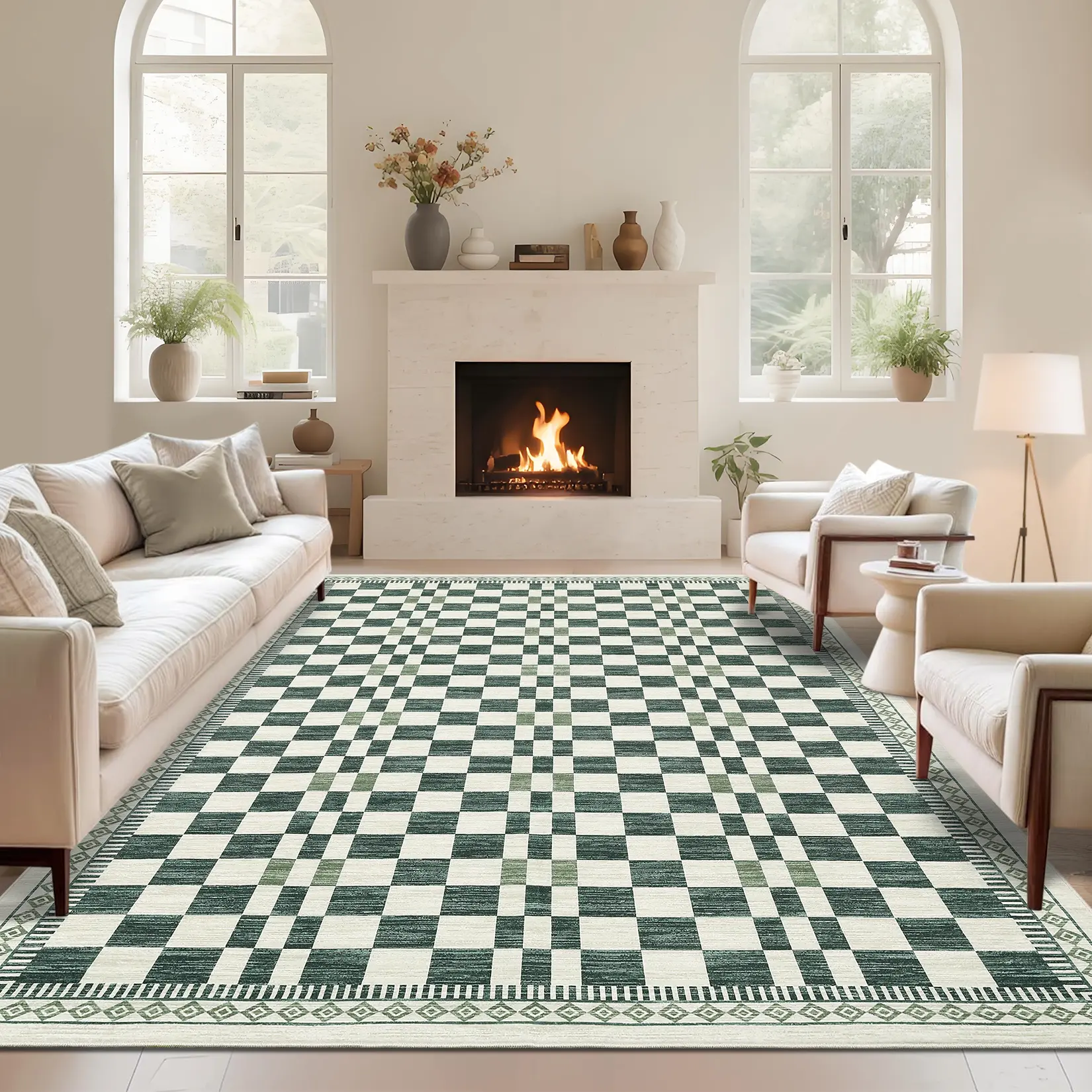 Washable Checkered Print Rug Soft Non-slip Wool-like Neutral Color Ultra-thin Foldable Interior Decorative Rug High-traffic Rug for Bedrooms Living Rooms Dining Rooms and Entryways playroom