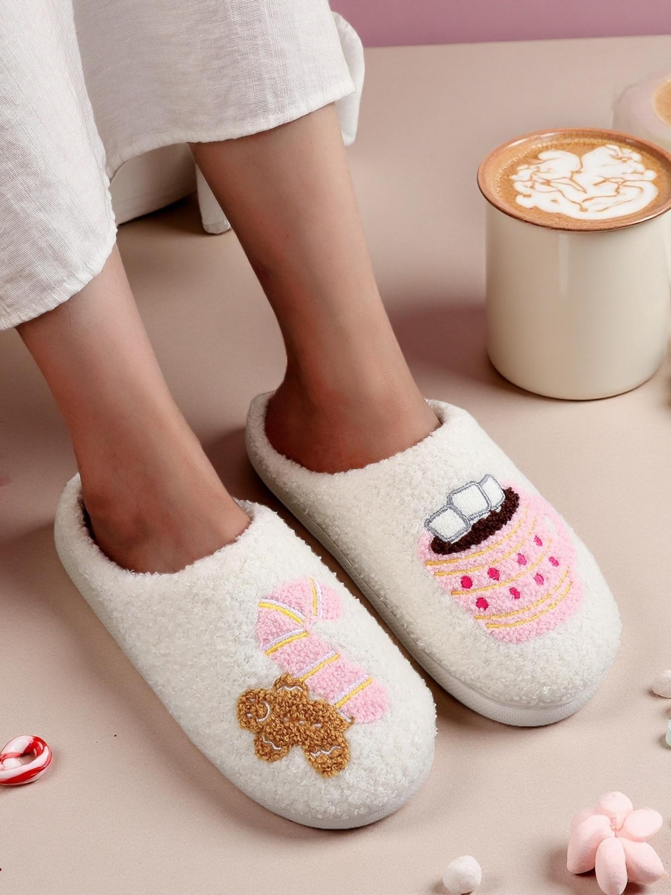 Christmas Plush Slippers, Embroidered Gingerbread Man Cane Cocoa Cup Design, Warm Indoor Outdoor Non-Slip Shoes for Fall Winter